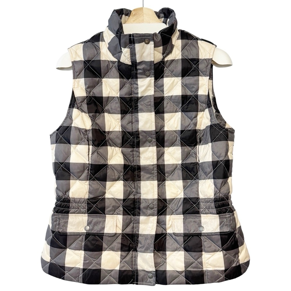 Talbots Womens Vest Black‎ Plaid Ivory Quilted Down Lightweight Puffer Jacket M